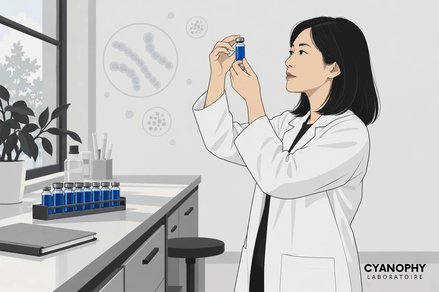Une femme médecin en blouse blanche tient un petit flacon bleu et observe son contenu lors d’une expérience en laboratoire.