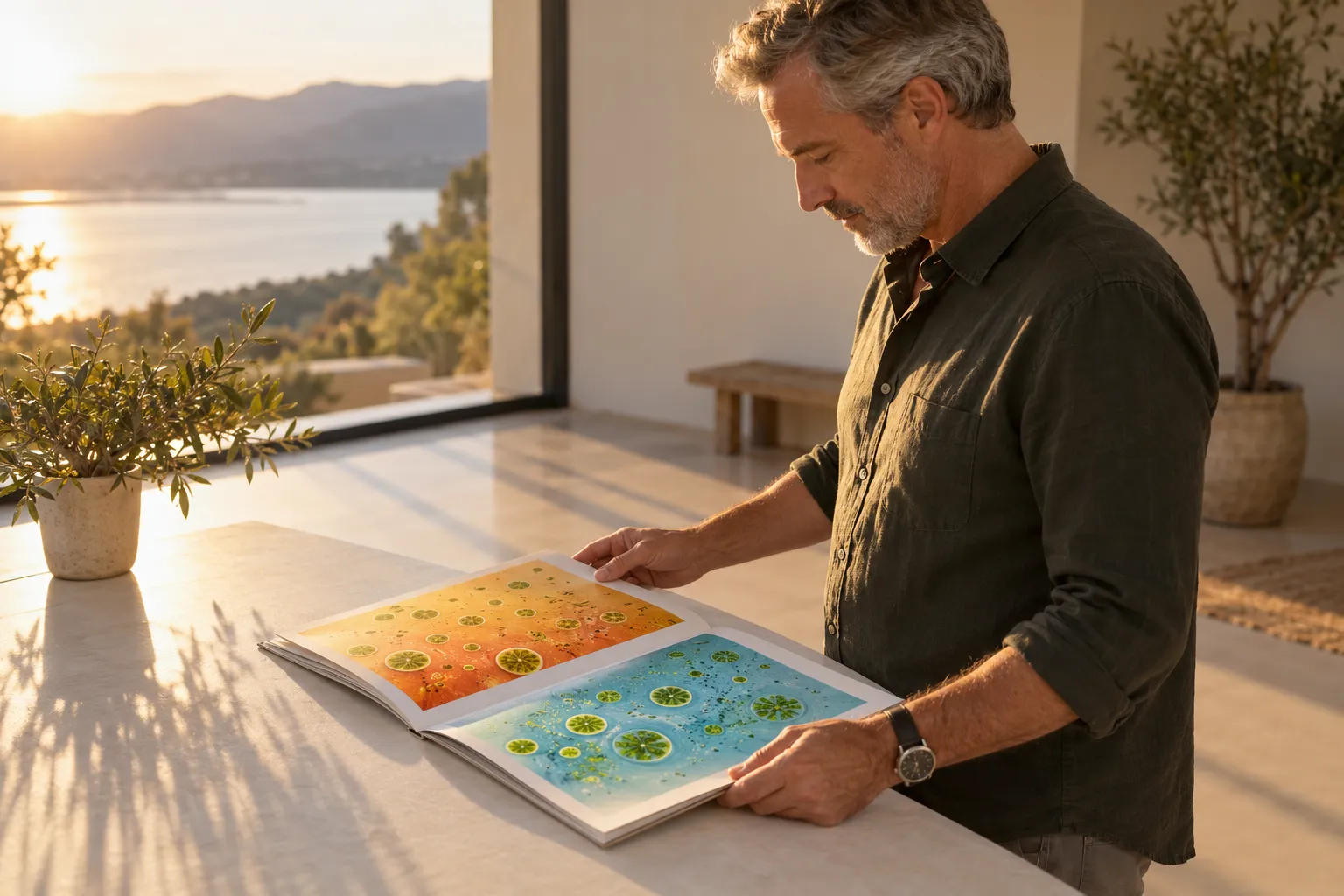 Un homme debout tourne les pages d’un livre ouvert sur une table blanche dans un espace lumineux avec vue sur la nature.