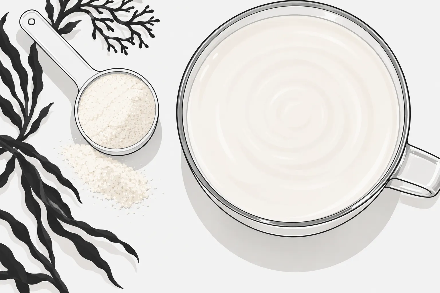 Illustration d'un bol rempli de lait ou de crème avec une cuillère contenant de la poudre à côté sur fond clair.