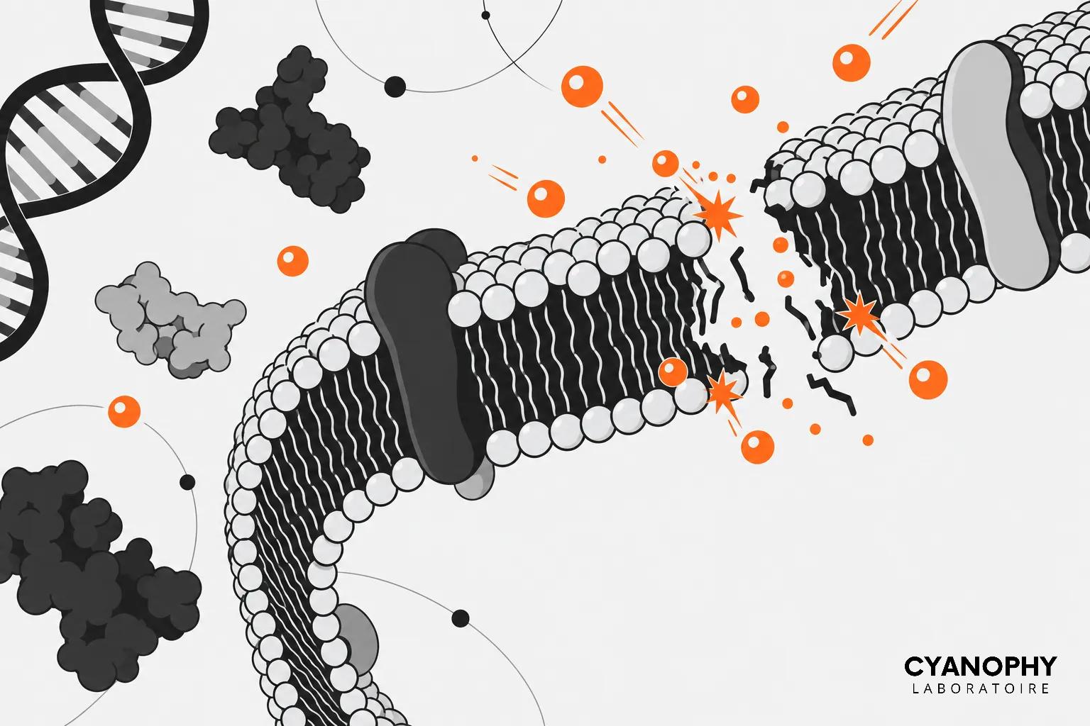 Illustration montrant une membrane cellulaire endommagée par des radicaux libres et des réactions d’oxydation autour d’elle.