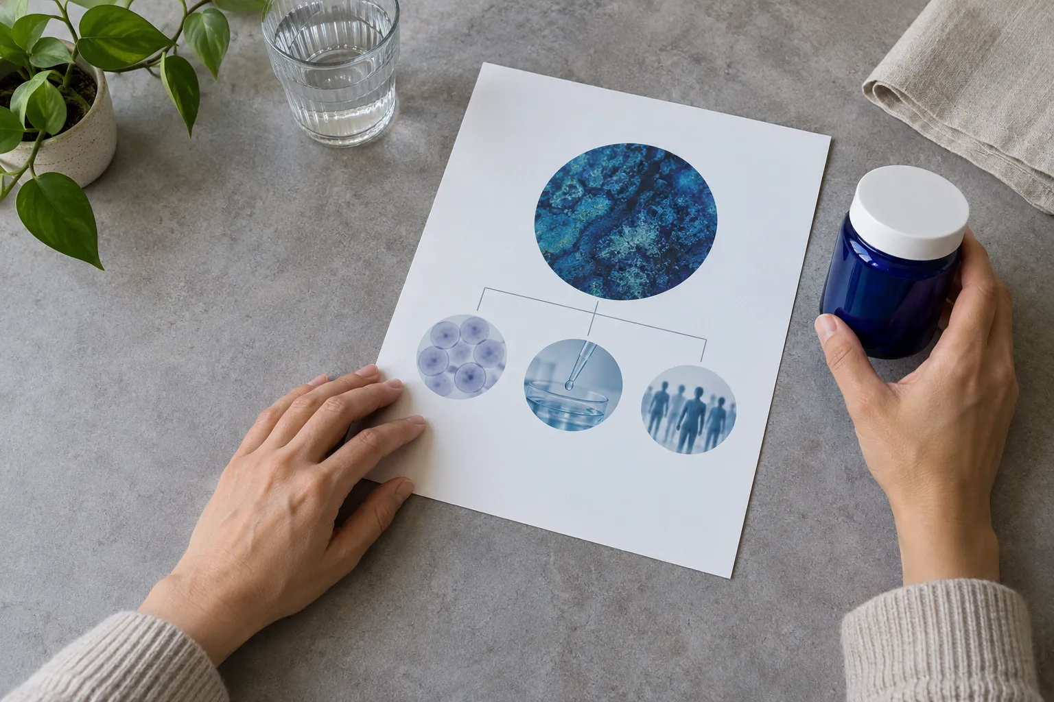 Une main tient un flacon bleu à bouchon blanc près d’un document imprimé montrant des cercles bleus et des images reliées