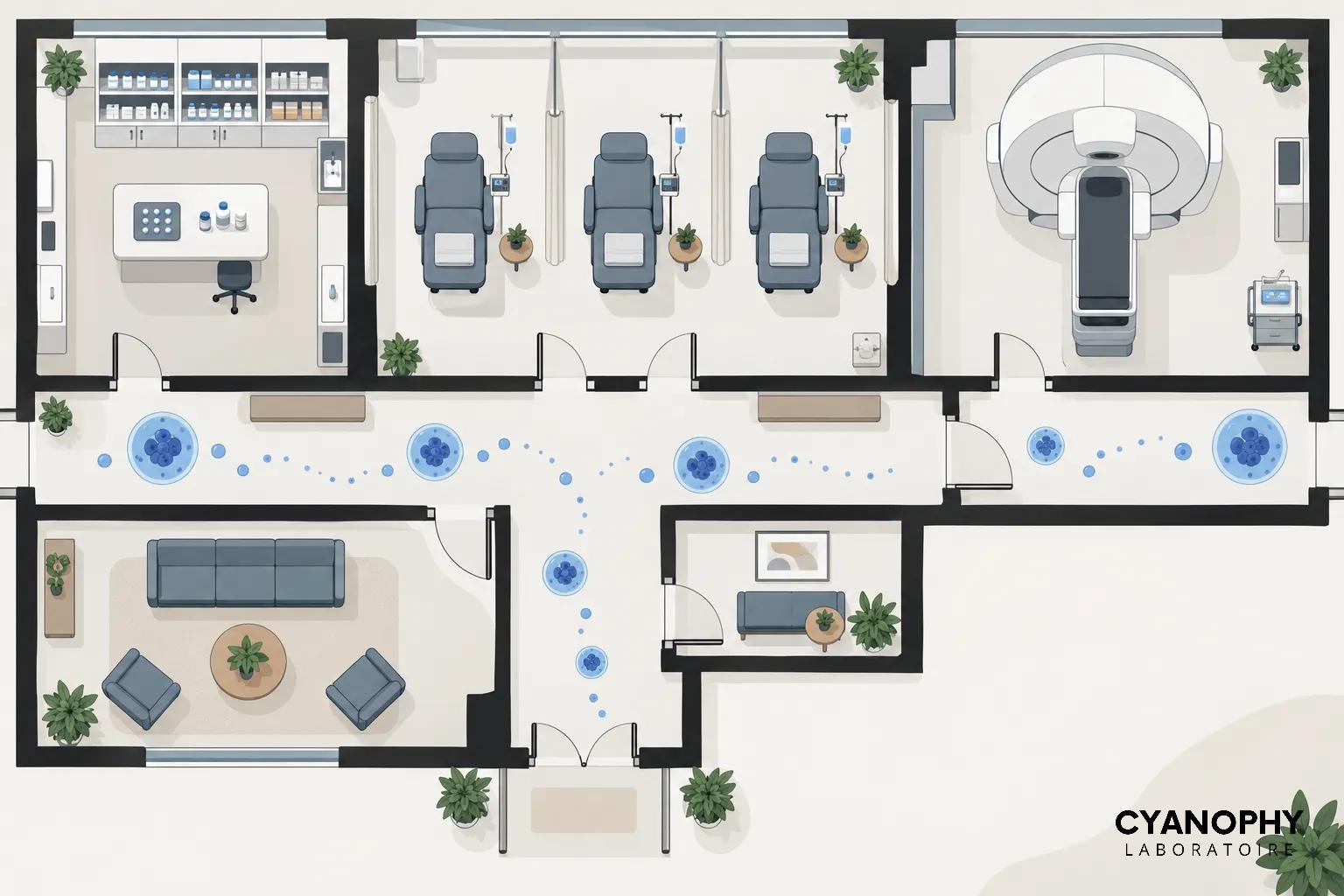 Plan d’un centre médical avec plusieurs cabines et une machine d’imagerie à droite, vue de dessus.